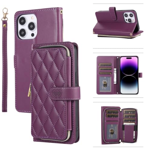 for iPhone 14 Pro Max Zipper Wallet Case with Card Holder, 9 Card Slots Large Capacity and Multiple Style Lanyards.(Darkpurple) DarkPurple iPhone 14 P