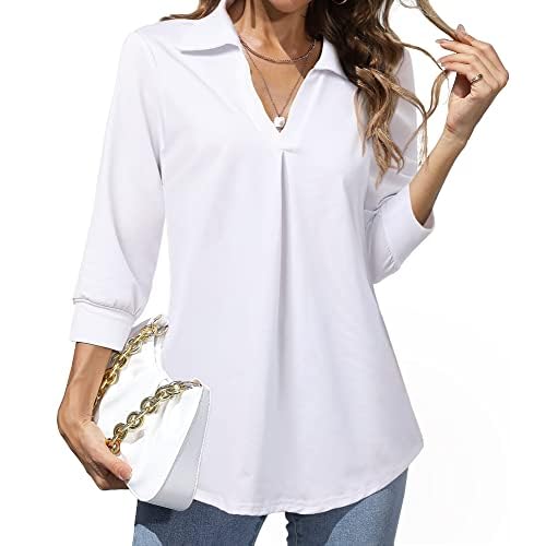 Heat Move Women's 3-4 Sleeve Length Tops Collared V Neck Shirt Dressy Casual Business Blouses for Work Professional