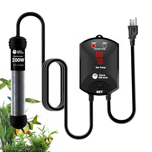 AquaMiracle 200W Small Aquarium Heater Fish Heater, Super Compact Fish Tank Heater Turtle Tank Heater for 20-40 Gal Tanks, with Dual LED Display, Dry-
