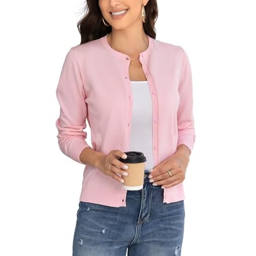 Women's Crew Neck Button Down Long Sleeve Cardigan for Women Classic Soft Knit Ladies Cardigan Sweater Coat Large Light Pink