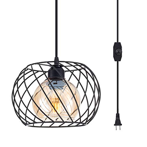 Long-ZS Plug in Pendant Light Dimmable, Glass Hanging Lamp Plug in with 16ft Cord,Black Swag Lamp for Kitchen Island,Bedroom,Living Room,Corner YL17B-
