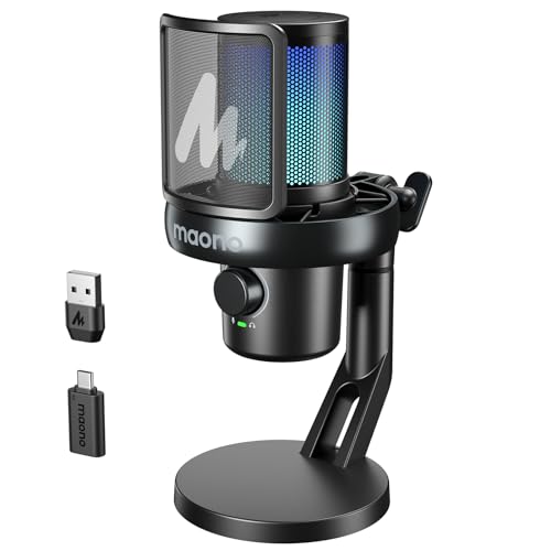 MAONO Wireless Gaming Microphone for PC, Condenser USB Mic with Software AI Voice Change,3-Level Noise Cancellation,Custom RGB, for Streaming Recordin