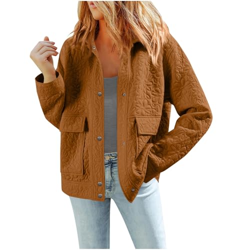 Womens Trendy Jacquard Shacket, Classic Collared Button-Up Trucker Jacket, Casual Long Sleeve City Outerwear A01 Brown X-Large
