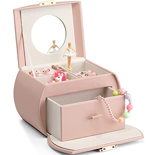 Vlando Kids Musical Jewerly Box for Girls with Drawer, Music Box with Ballerina and Stickers for Birthday Bedroom Decor, Pink Version Pink