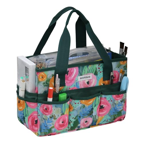 Craft Organizer Tote Bag Art Caddy with Multi-Pockets for Office Supplies Scrapbooking Sewing Storage Green Floral