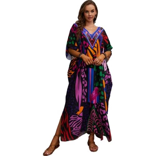 Swimsuit Cover Up Caftan Women's Vneck Flower Leopard Print Batwing Sleeve Side Split Kaftan Dresses B3