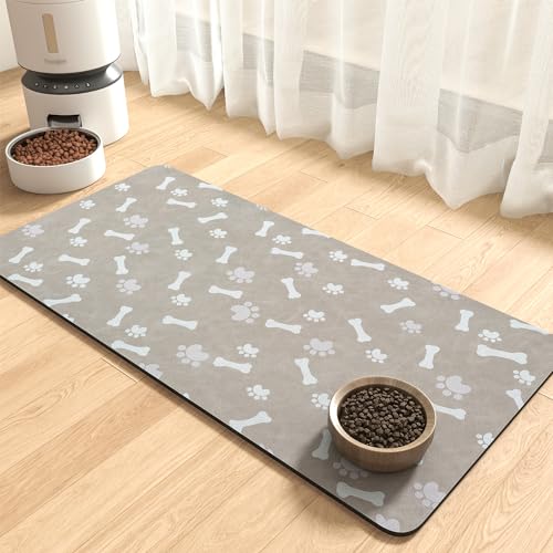 MontVoo Dog Food Mat-Pet Feeding Mat for Food and Water-No Stains Quick Dry Dispenser Cat Bowl Mat for Messy Drinkers(17"x34" Grey)