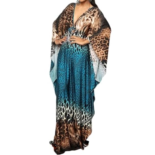 Bsubseach Women Ethnic Print Kaftan Beach Dress Plus Size Swimsuit Cover Up Blue Coffee Leopard