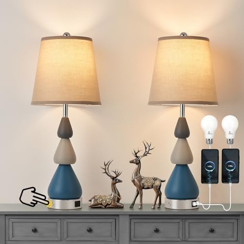 Modern Ceramics Table Lamps,26" Bedside Lamps Set of 2 with USB A+C Ports, 3-Way Dimmable Bedroom Lamps for Nightstands，Living Room，Home，Office