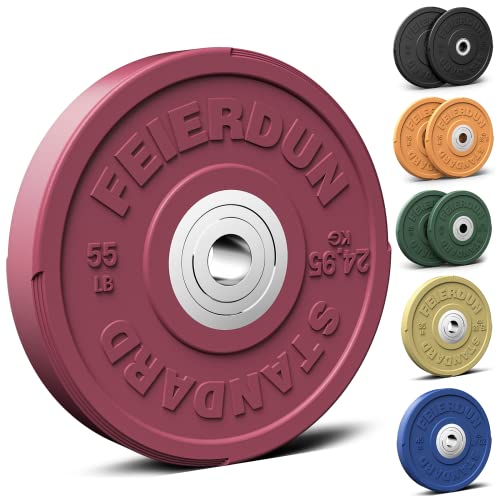 FEIERDUN 2" Color Olympic Bumper Plate Weight Plate for Strength Training - 100% Virgin Rubber F) 55LBS Single