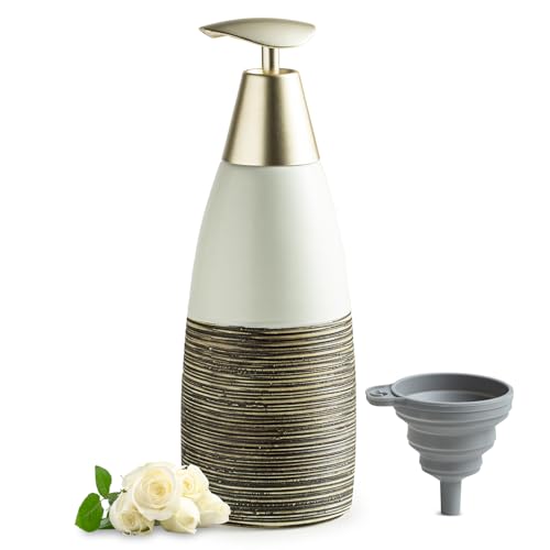 Dish Soap Dispenser Ceramic Liquid Dispenser for Bathroom Hand Soap Bottle with Pump, 12oz Refillable Liquid Bottle for Body Wash, Shower Gel, White W