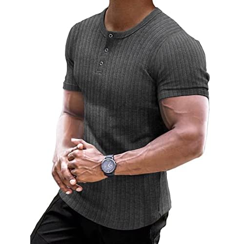Muscle Cmdr Men's Ribbed Henley Shirt Short Sleeve Slim Fit Muscle Shirt Fitted Cotton Casual Long Sleeve Small 01dark Grey-short