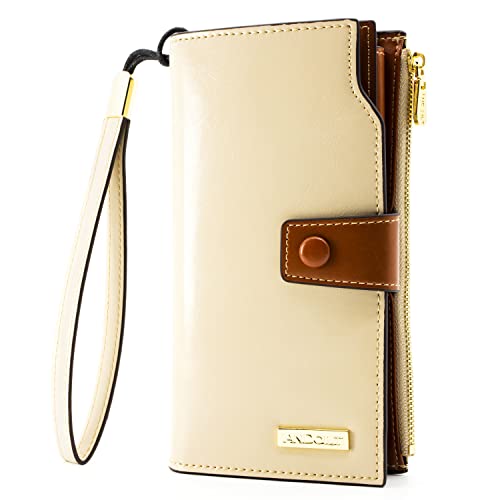 ANDOILT Women's RFID Blocking Large Capacity Luxury Wax Genuine Leather Clutch Wallet Card Holder Organizer Ladies Purse S4 Creamy White