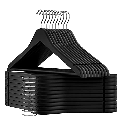 SONGMICS Set of 20 Wooden Hangers with Rubber Coating, Non-Slip Coat Hangers with Shoulder Grooves, Pants Bar, 360° Swivel Hook, for Jackets, Shirts,