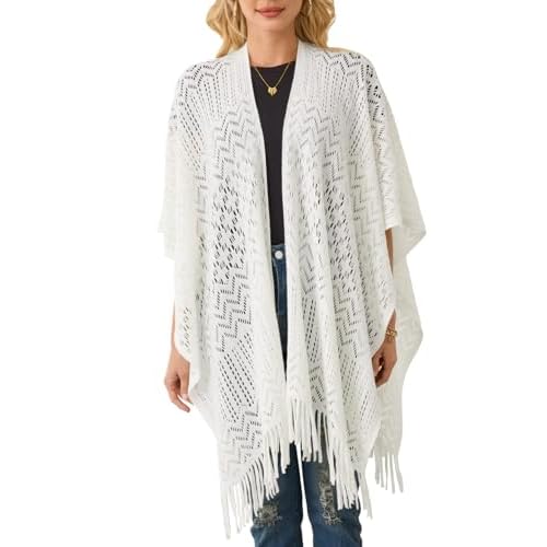 Ferand Women's Fringe Crochet Shawl Wraps Lightweight Open Front Poncho Cardigan for Spring Summer White