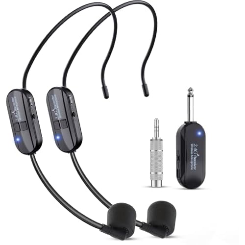Wireless Microphone Headset Double Professional: Cordless Mic Head for Two People, Heads Handheld Mics 2 in 1- USB-C Rechargeable - 1-4'' and 1-8'' Pl
