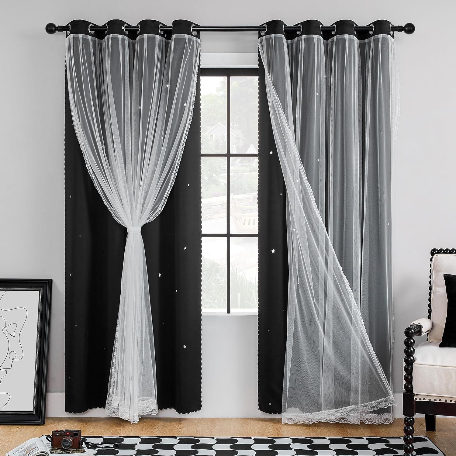 YL-36075 rainbow color curtain bedroom gauze curtain gradient curtain double lace curtain finished rod star