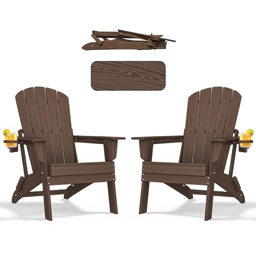 Folding Adirondack Chair with Cup Holder Set of 2, HDPE Patio Chairs,All-Weather Outdoor Chairs for Backyard, Deck,Fire Pit-Coffee Coffee 2 PCS