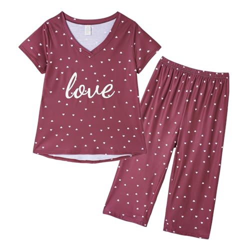 VENTELAN Women's Capri Pajama Sets Plus Size Sleepwear Top with Capri Pants 2 Piece Loungewear Set Love Print X-Large