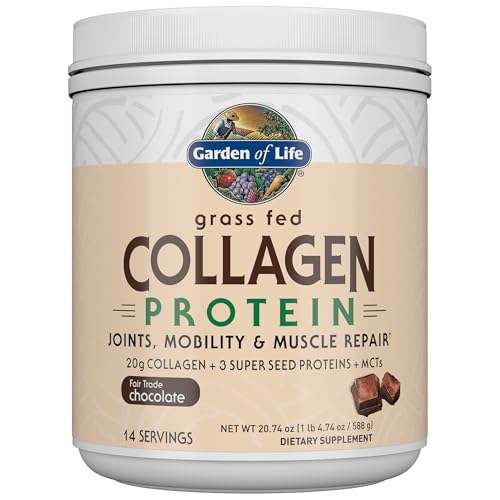 Garden of Life Grass Fed Collagen Protein Powder - Chocolate, 14 Servings, Powder for Joints Mobility Muscle Repair, Collagen Peptides + Super Seeds +
