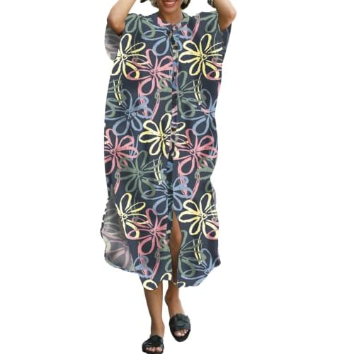 RanRui swimsuit cover up Black&White caftan caftans Women's Vneck short Sleeve kaftan dresses with pocket Caftans Flower Print