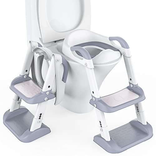 Garvee Potty Training Toddler Seat with Ladder, Garvee Double Step Potty Step Stool for Kids, Foldable Potty Toilet Seat with PU Cushion, 6-Leves Heig