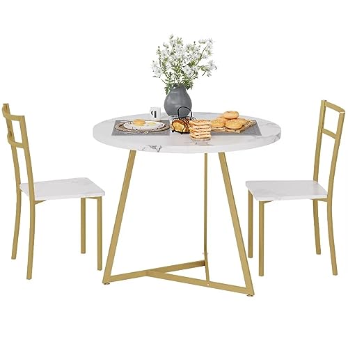 Garvee Round Dining Table Set for 2, Modern Kitchen Table Chairs, Wood-Grained MDF, Metal Frame, Space-Saving, Ideal for Small Apartments(White)