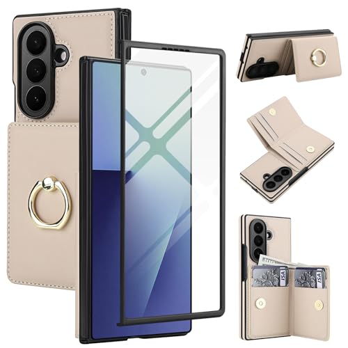 for Samsung Galaxy Z Fold 7 Wallet Case with Ring, 4 Card Slots & Cash Clip - Magnetic Clasp Closure, Front Tempered Glass Screen Protector Cover.(Whi