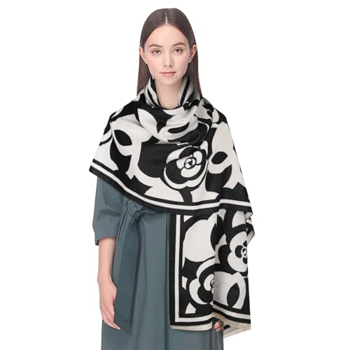 EXTREE Women's Scarf Pashmina Shawls and Wraps for Evening Dress Bridesmaid Wedding Bridal Winter Warm Long Large Scarves Camellia Black and White