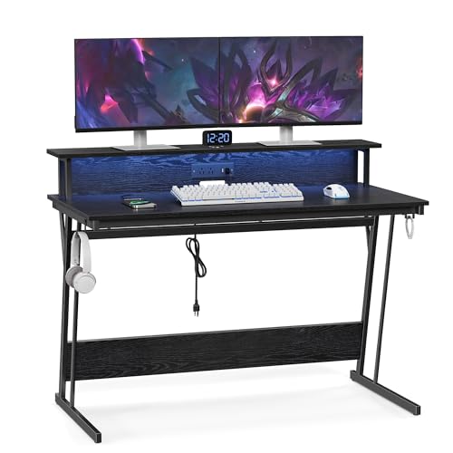 VASAGLE LED Gaming Desk with Power Outlets, Computer Desk with USB Ports, Office Desk with Monitor Stand for 2 Monitors, with Hooks, for Bedroom, 23.6