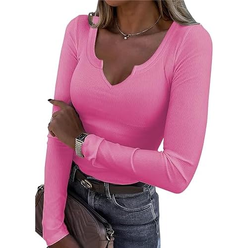 iGENJUN Women's V-Neck Ribbed Long Sleeve Shirts Fitted Basic Slim Knit Tops Spring Outfits 2024 Clothes