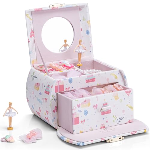Vlando Musical Jewelry Box for Girls Kids with Drawer, Music Box with Ballerina and Stickers for Birthday Bedroom Decor, Fantasy Princess