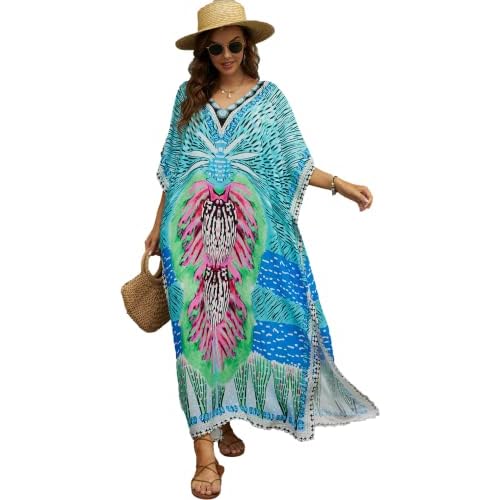 Swimsuit Cover Up Caftan Women's Vneck Flower Leopard Print Batwing Sleeve Side Split Kaftan Dresses B14