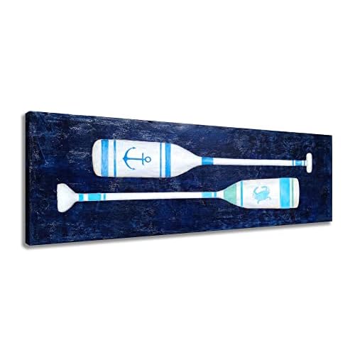 Yihui Arts Coastal Canvas Wall Art - Navy Blue and White Oar Painting for Bedroom Bathroom Decor 48"L x 16"W Oar