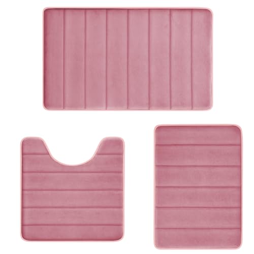 Pink Memory Foam Bath Mat Set, Bathroom Rugs for 3 Pieces, Toilet Mats, Soft Comfortable, Water Absorption, Non-Slip, Thick, Machine Washable, Easier