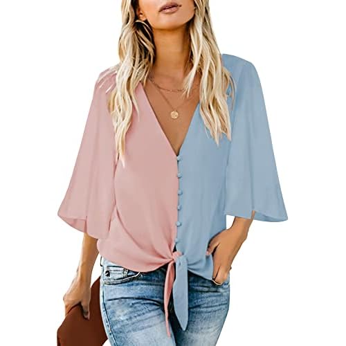 luvamia Women's Casual V Neck Tops 3-4 Sleeve Tie Knot Blouses Solid Button Down Shirts XX-Large Baby Pink & Blue