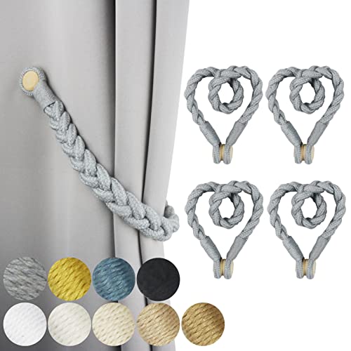 4 Pack Grey Magnetic Soft Curtain Tiebacks Cotton Hand-Woven Tieback Holdback Home Decorative Tie Backs with Wooden Buckle for Home Office Decor Grey