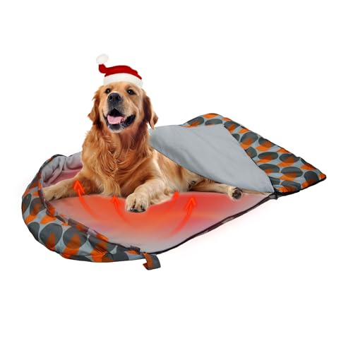 Heating Dog Sleeping Bag, Waterproof Warm Packable Dog Bed Mat with Storage Bag for Indoor Outdoor Travel Camping Hiking Backpacking (Heated, Orange)