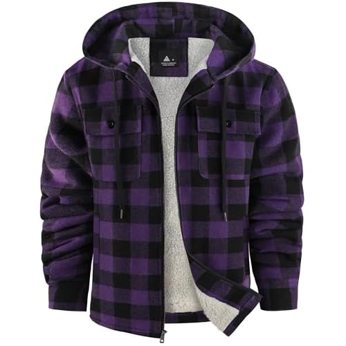ZITY Men's Flannel Hooded Jacket Fleece Sherpa Lined Plaid Shirts Jackets Zip Up Sweatshirt Hoodies for Men with 4 Pockets Medium Purple