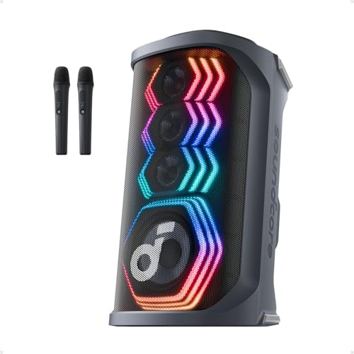 soundcore Rave 3S AI Party Speaker with 2 Wireless Microphones, 200W Sound, AI Vocal Removal, Reverb, Light Show, 12H Playtime, Portable Bluetooth PA