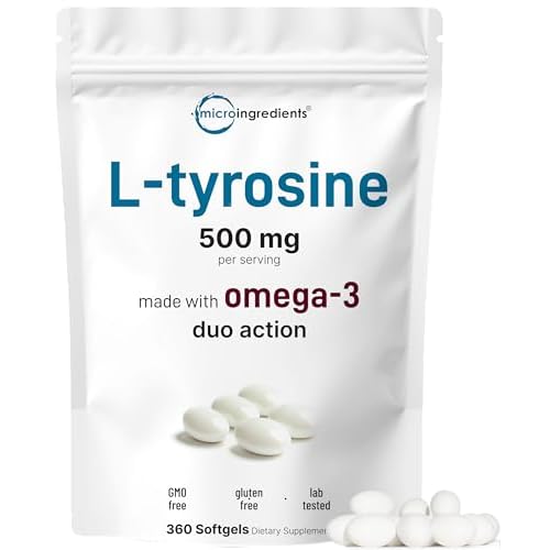 L Tyrosine Supplement 500mg with Omega-3, 360 Softgels | Duo Action Amino Acids + Omega from Flaxseed Oil 1,000mg with ALA | Heart and Mood Support |