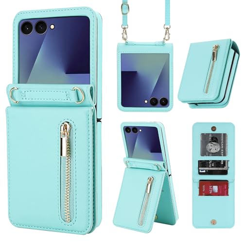 for Samsung Galaxy Z Flip 7 Luxury Zipper Wallet Phone Case, Multi-Function Kickstand Card Holder Adjustable Crossbody Strap, Fashion Flip Case.(Blue)