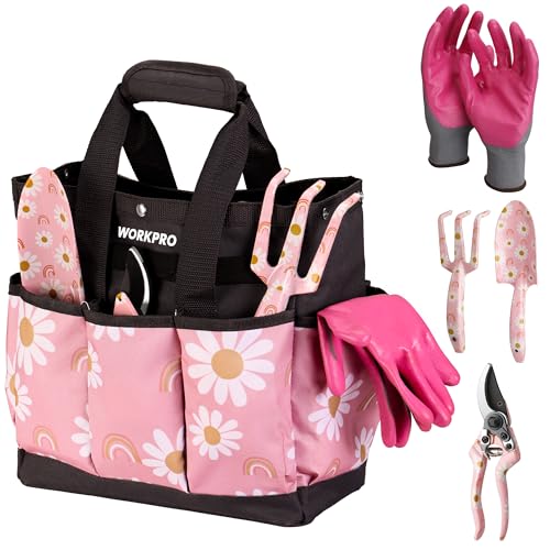 WORKPRO 5PCS Gardening Tools, Aluminum Heavy Duty Garden Tool Set with Bag, Ideal Gardening Gifts for Women-Pink Ribbon Pink with bag