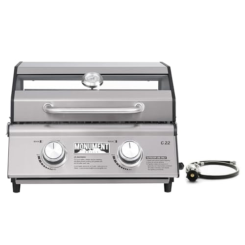 Portable Propane Gas Grill 2-Burner Tabletop Clearview® Monument Grills for Outdoor Camping Cooking, Two 15,000 BTU Burners, Stainless Steel, and Bui