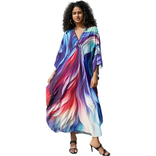Wave Neck Swimsuit Cover Up Caftan Dress - Plus Size, Oversized, Long Beach Dress 8774-3 Color Arc Lines X-Large