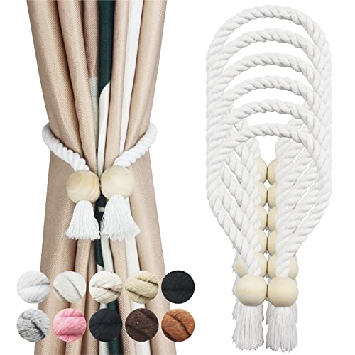 6 Pack White Magnetic Curtain Tiebacks Cotton Hand Woven Tieback Holdback Decorative Tie Backs for Drapes with Wooden Buckle No Tools Required White 6