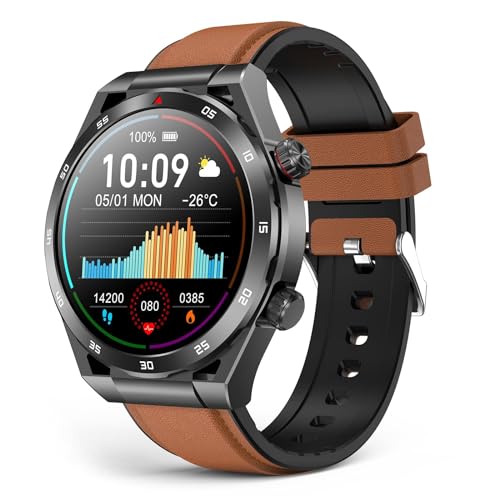 Smart Watch, Smart Watch with Bluetooth Call, Fitness Watch with-HR-Sleep, 1.39" Smartwatch for Men Women, IP67 Waterproof for Android iOS Brown Leath