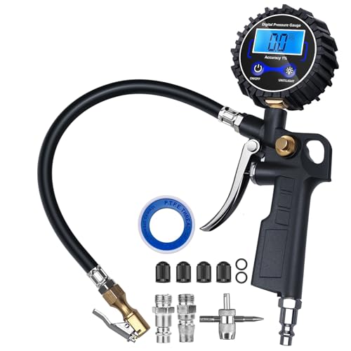 Digital Tire Pressure Gauge with Inflator, 3-250 PSI Air Compressor Accessories with Air Chuck Quick Connect Coupler, Car Attachments with Rubber Hose