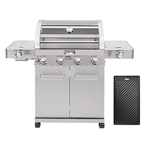 Monument Grills Larger 4-Burner Propane Gas Grills Stainless Steel Cabinet Style with Infrared Side Sear & Side Burners with Cooking Plate(2 Items), O