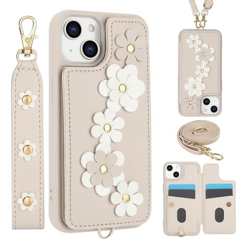 for iPhone 15 Wallet Case with 4 Credit Card Holder Slots, Flower Pattern PU Leather Magnetic Clasp Kickstand with Long and Short Strap.-White White i